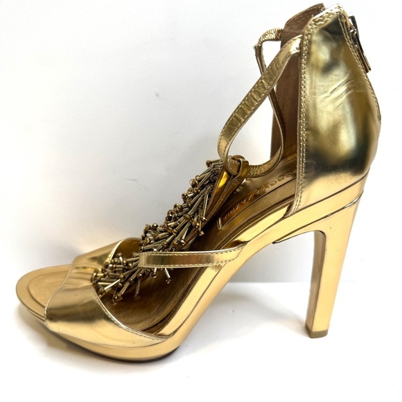 BCBGMaxAzria Gold Fringe T-Strap Platform Stiletto Heels Size 8.5 Beads - Picture 6 of 9